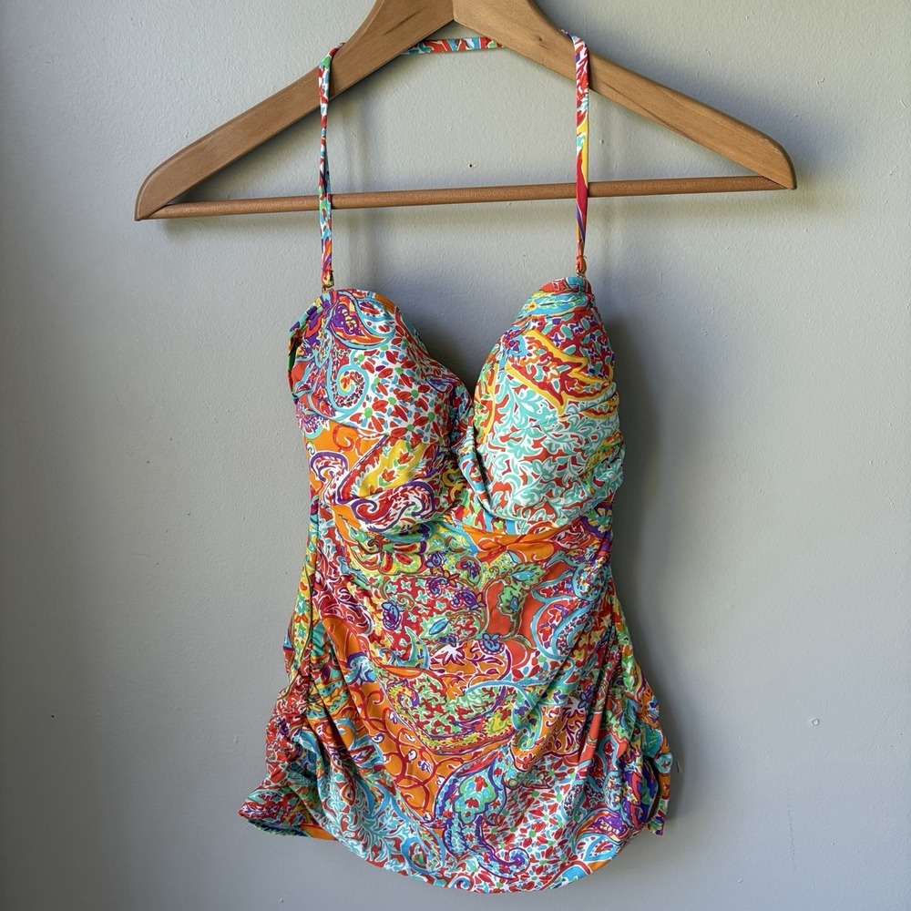 LAUREN Ralph one swim suit Tankini Top paisley Pads Women's Size 8 - Picture 2 of 13